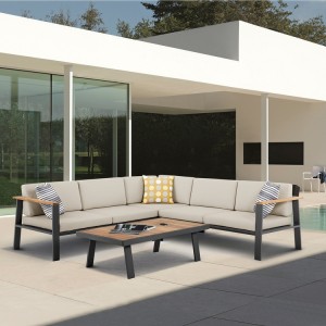 Armen Living Nofi Outdoor Patio Sectional Set with Taupe Cushions 