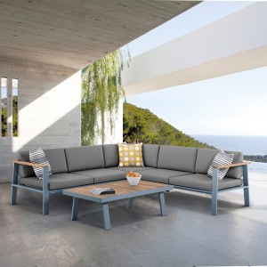Armen Living Nofi Outdoor Patio Sectional Set with Gray Cushions 